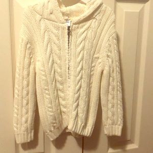Cream cableknit zip front sweater with hood